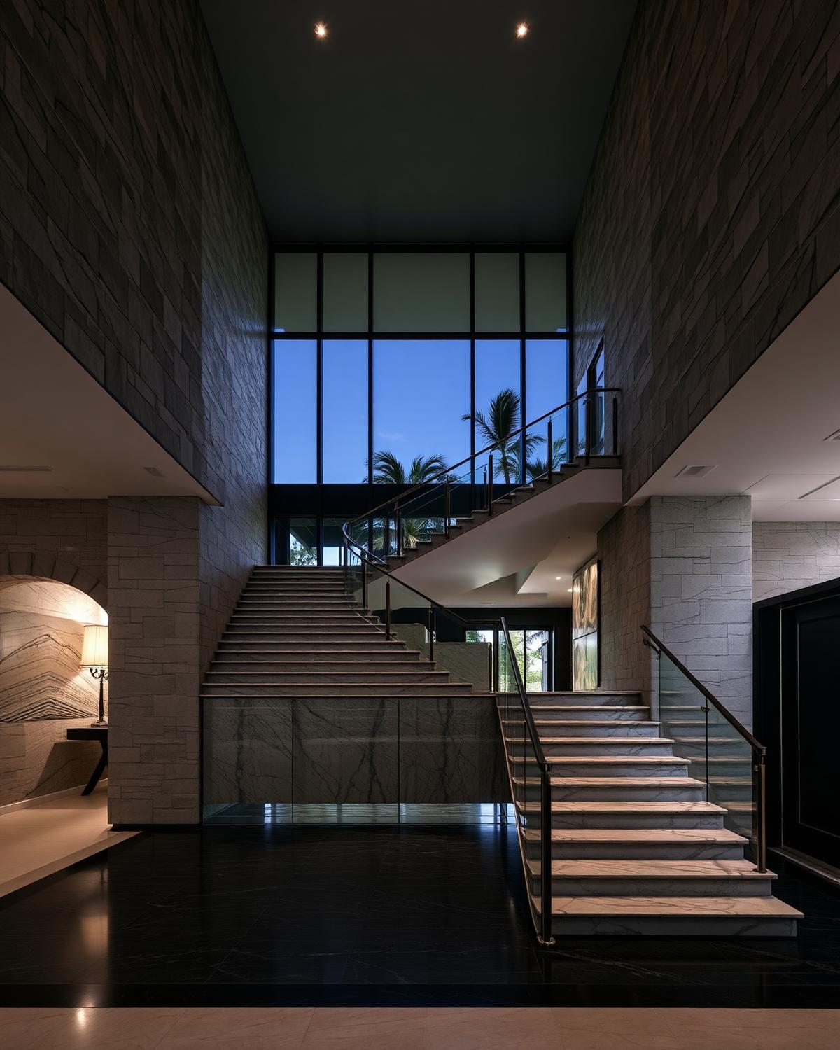 Double-height stone and glass entry hall with sculptural staircase