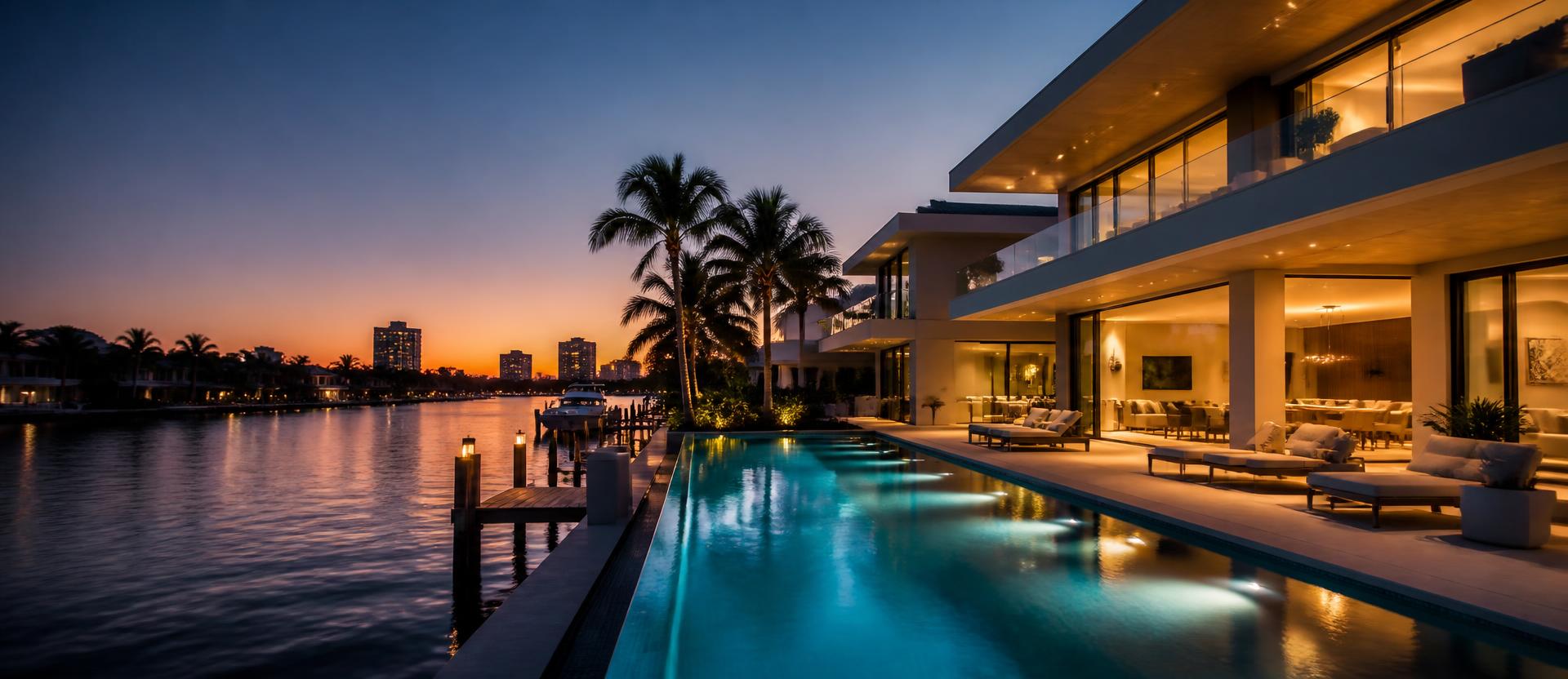 Panoramic dusk view of a Fort Lauderdale waterfront residence with infinity pool