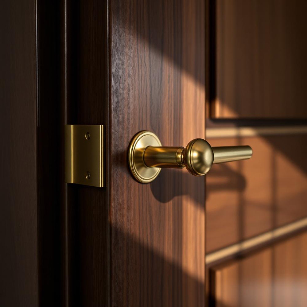 Detail photograph of brass hardware on a dark oak interior door