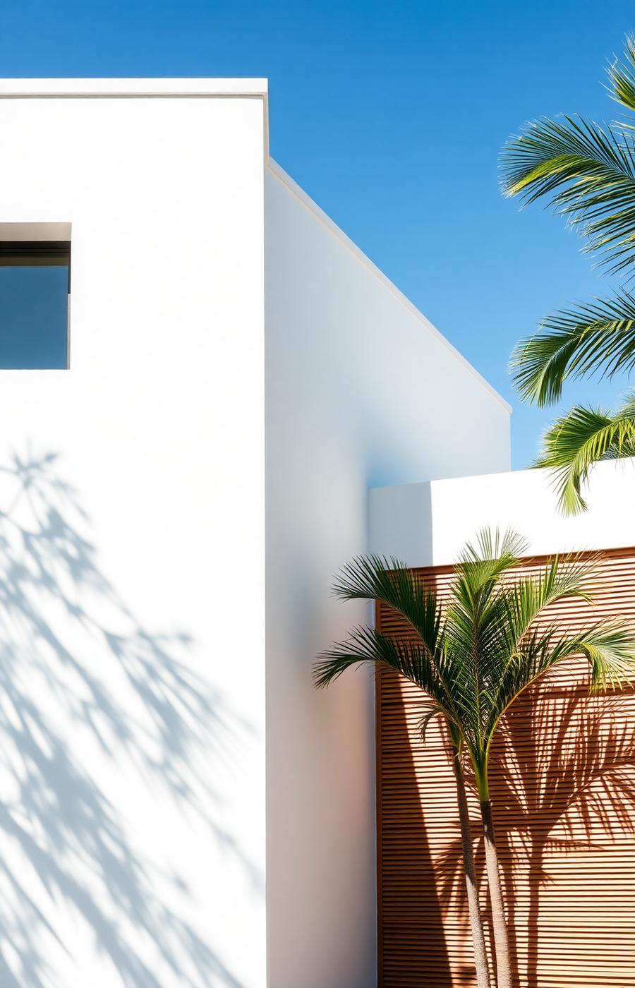 Modern white villa facade with slatted wood screen and palm shadows