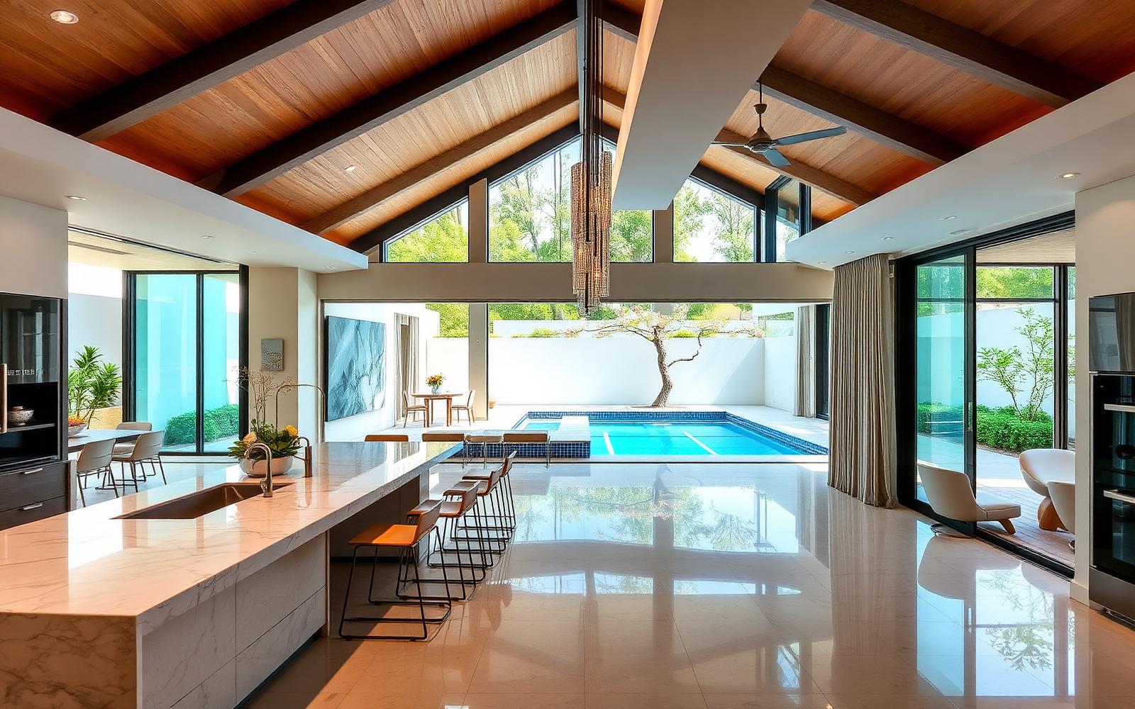 Luxury South Florida kitchen and dining space opening onto a pool terrace