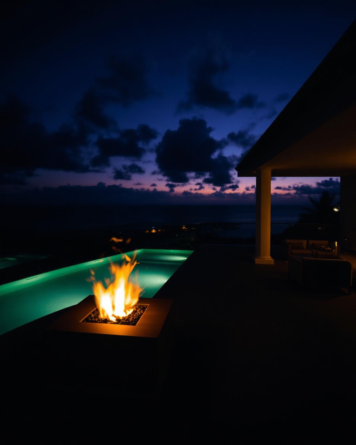 Twilight terrace with fire feature and ocean view at a modern Miami residence