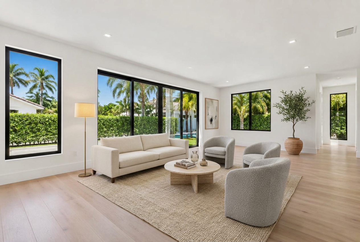 Living room after virtual staging with sofa, chairs and rug